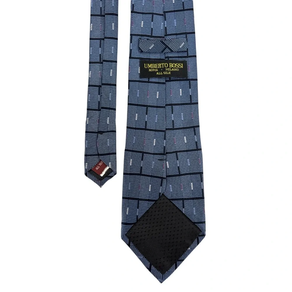 Umberto Bossi Roma Milano Mens Silk Tie Blue Geometric Hand Made Italy 60